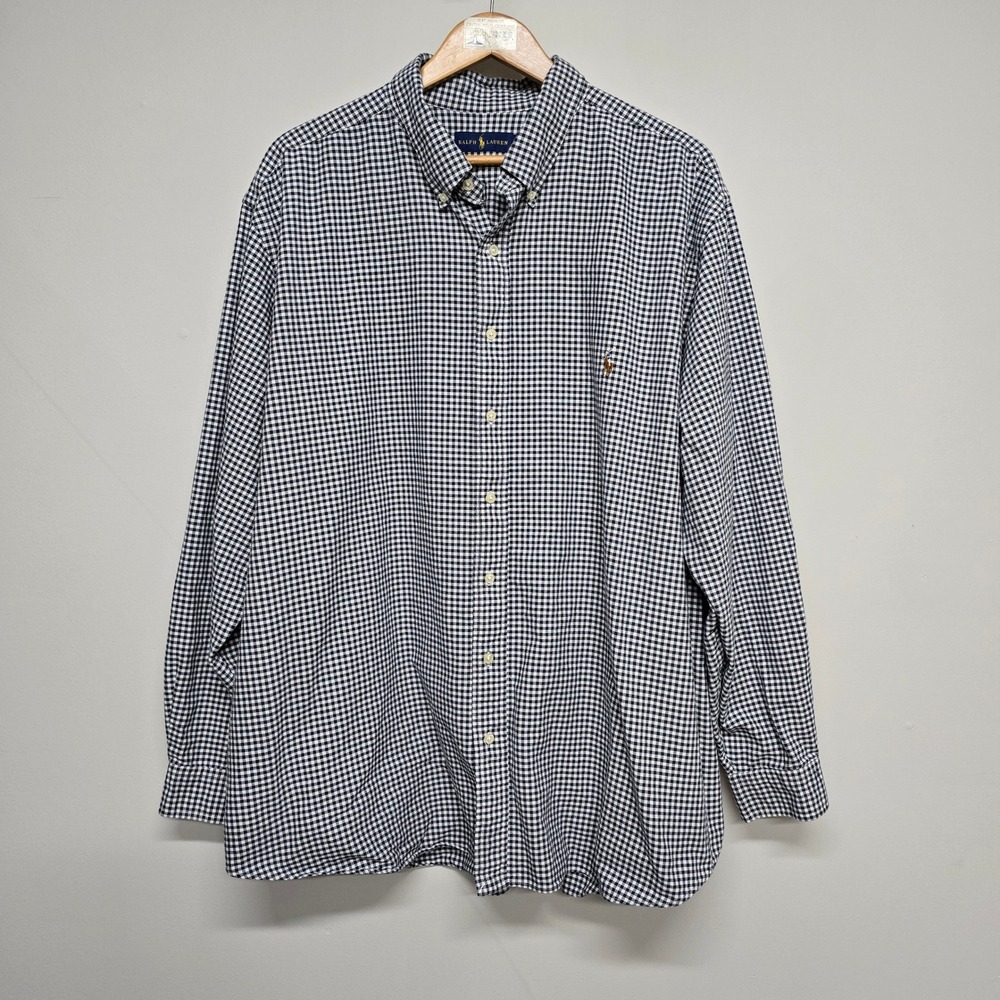 Ralph Lauren Gingham Button Down Shirt Mens 3XB Navy White Cotton Big & Tall